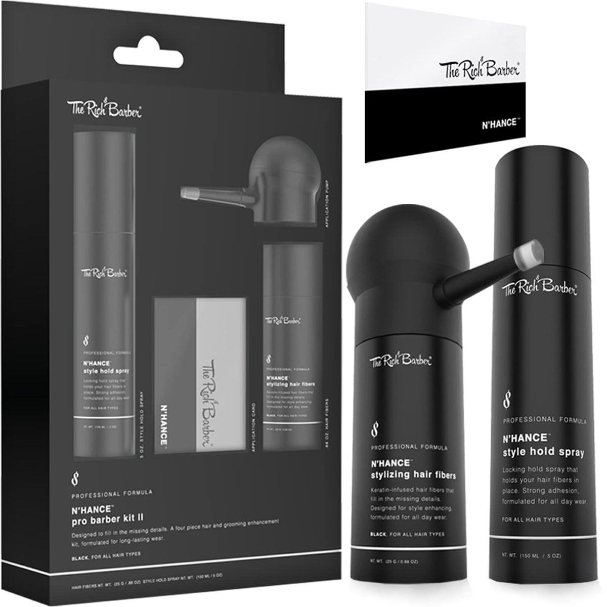 The Rich Barber N'Hance Pro Kit keratin fibers bottle for natural-looking hairline definition