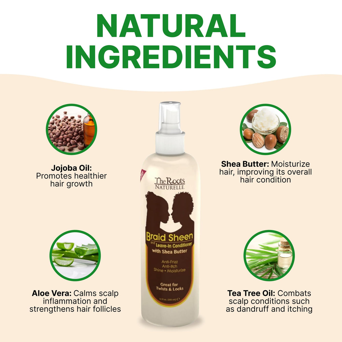 The Roots Naturelle Braid Sheen bottle closeup highlighting nourishing oils and vitamins.