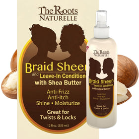 The Roots Naturelle Braid Sheen Spray bottle closeup ready for application, moisture.