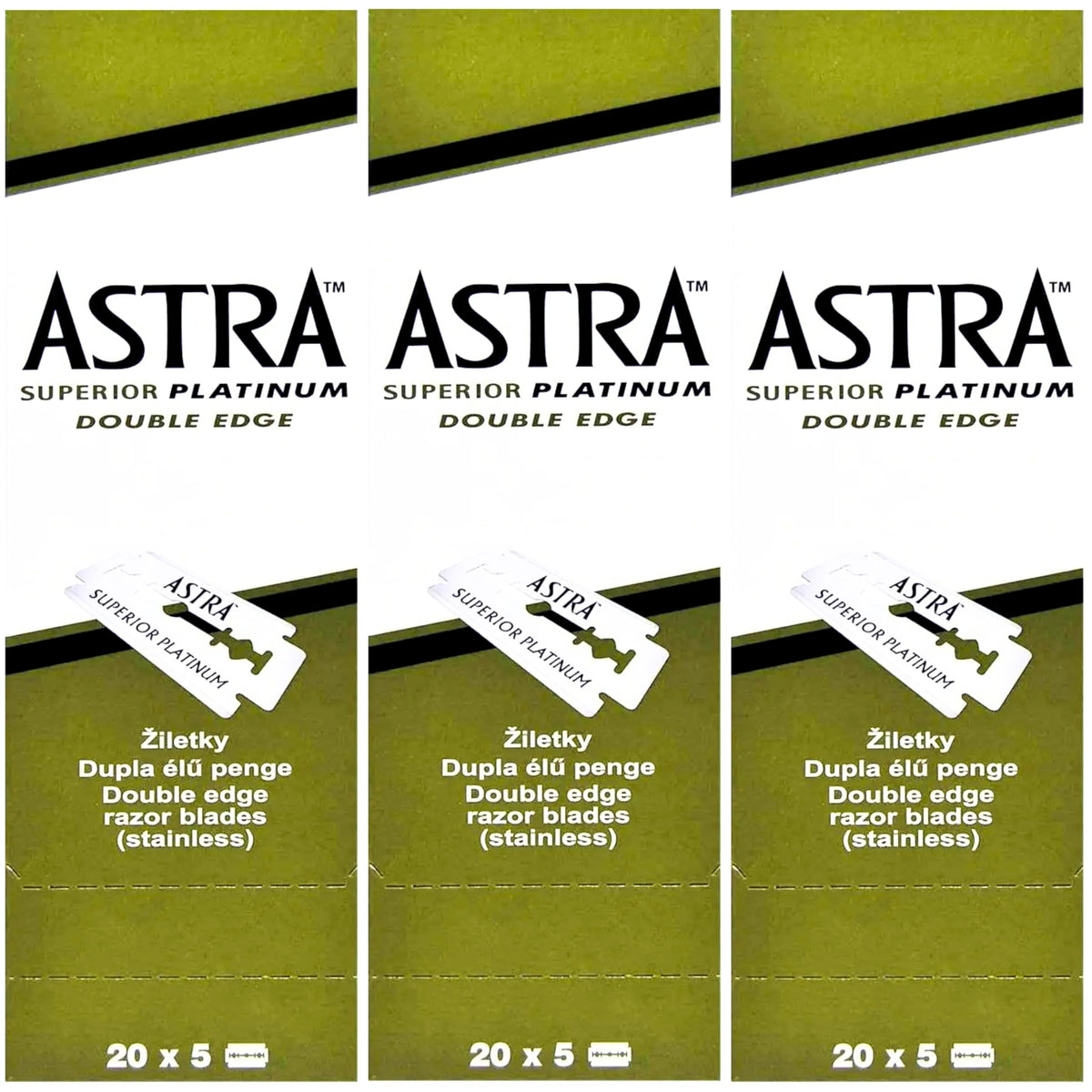The Shave Factory Astra Platinum 300-count pack front view for daily shaving.