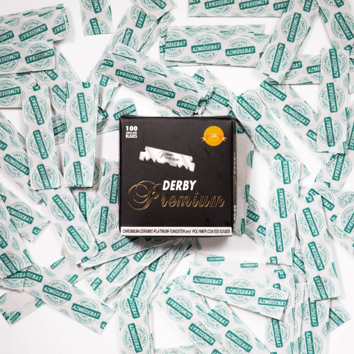 Paraffin-wrapped Derby blades preserving sharpness and freshness.