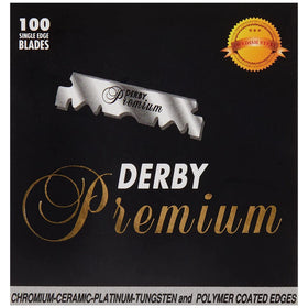 Derby Premium blade with polymer coating highlighting comfort and glide features.