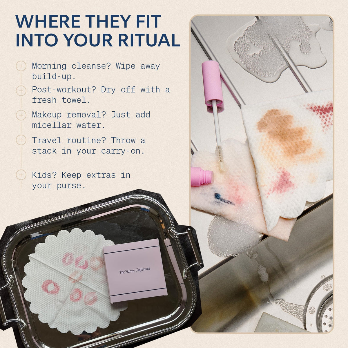 The Skinny Confidential 50-count towels spread for full-face cleansing and versatility.
