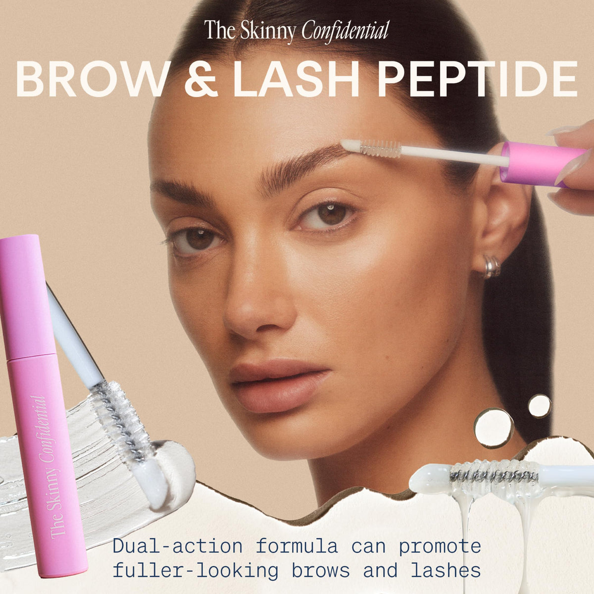 The Skinny Confidential Brow Peptide mascara wand applying on brows