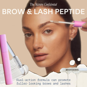 The Skinny Confidential Brow Peptide mascara wand applying on brows