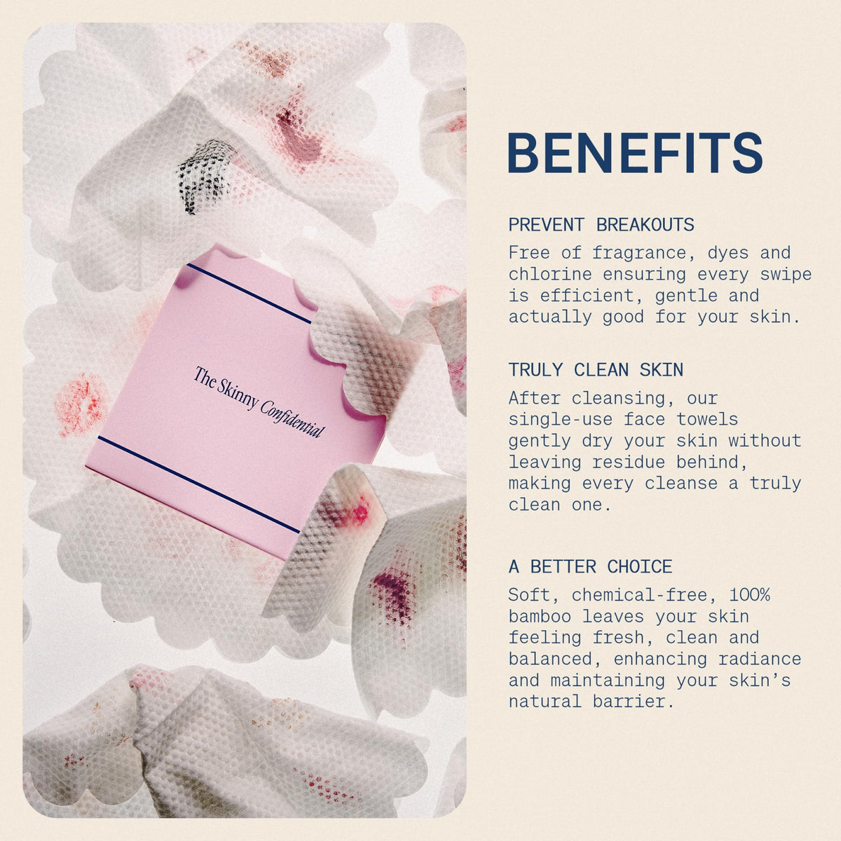 The Skinny Confidential towels used with micellar water for makeup removal without irritation.