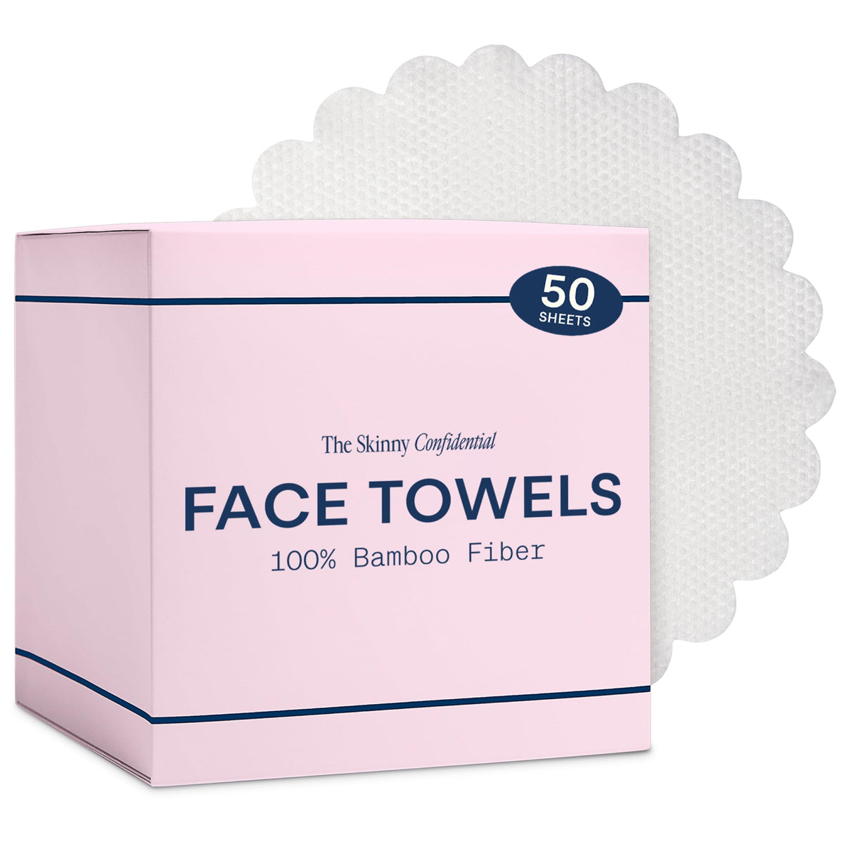 The Skinny Confidential disposable face towels pack front close-up; silky-soft bamboo fibers for sensitive skin.