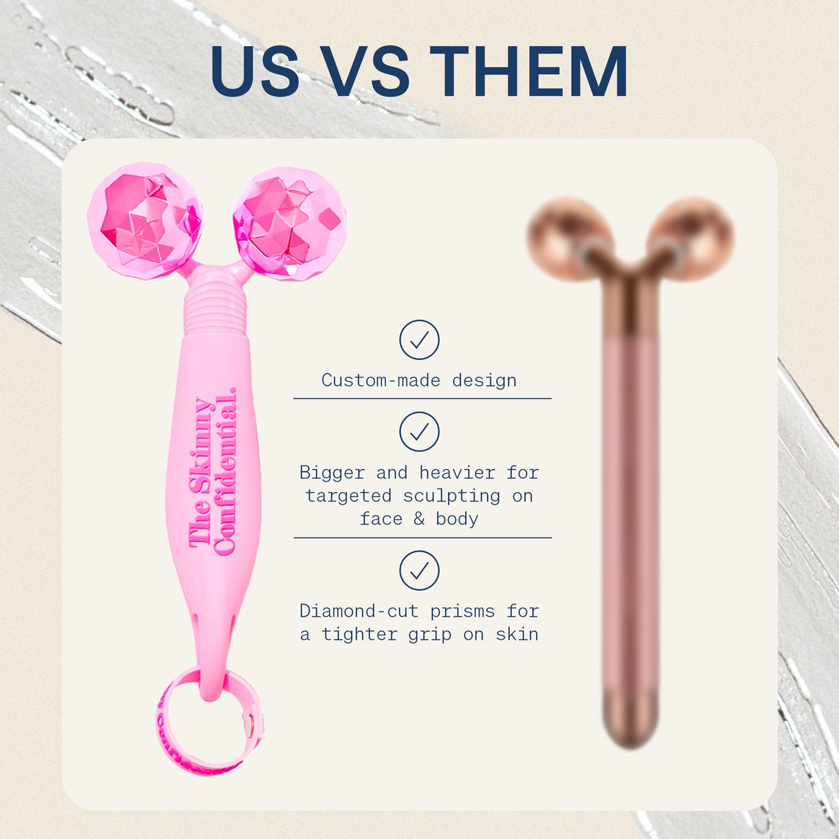 The Skinny Confidential Face Roller at the neck area aids de-puffing and tension relief.