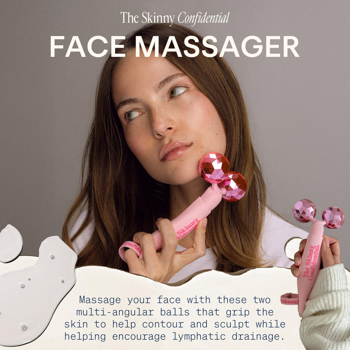 The Skinny Confidential Face Roller on cheek demonstrates soothing massaging action and improved product absorption.