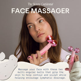 The Skinny Confidential Face Roller on cheek demonstrates soothing massaging action and improved product absorption.