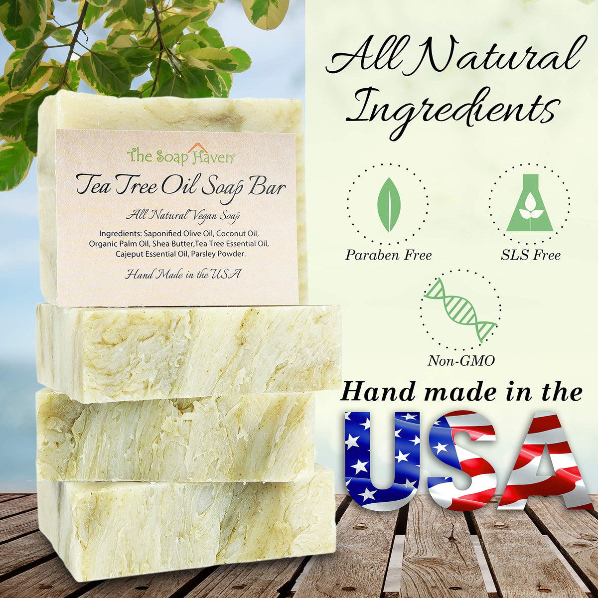 The Soap Haven Tea Tree Soap Bar close-up texture for gentle cleansing.