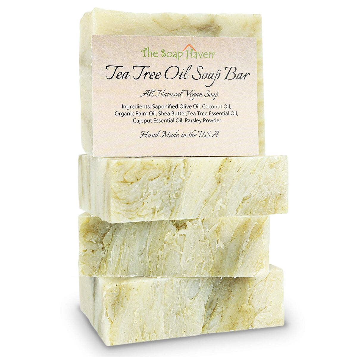 The Soap Haven Tea Tree Soap Bar packaging display highlights clean skin benefits.