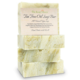 The Soap Haven Tea Tree Soap Bar packaging display highlights clean skin benefits.