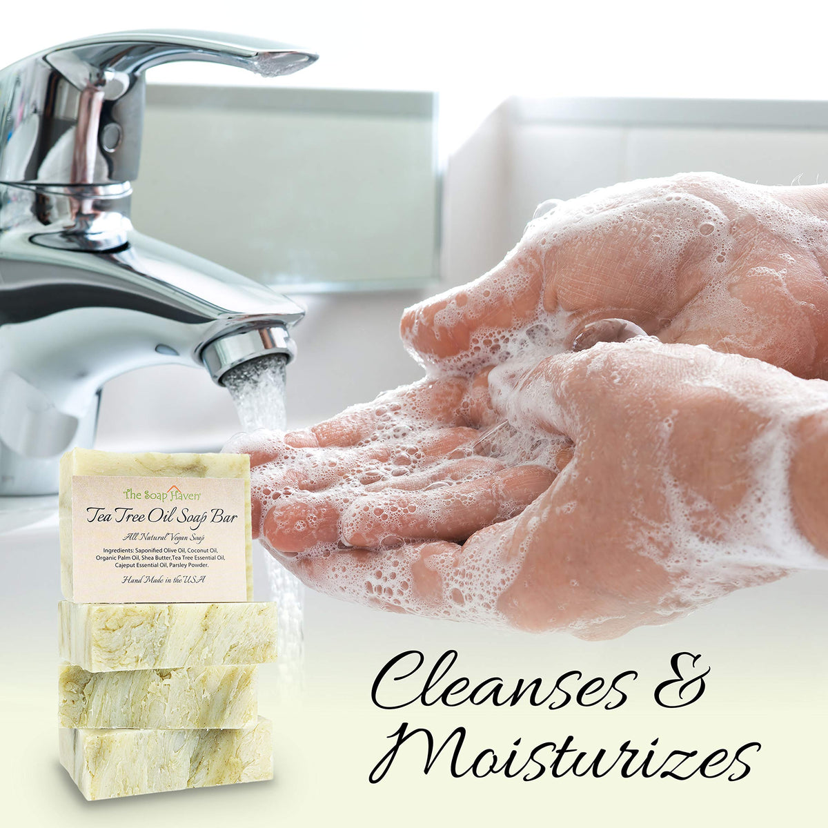 The Soap Haven Tea Tree Soap Bar used on face for blemish-prone cleansing.