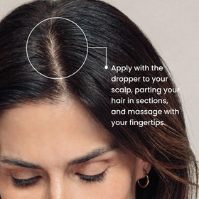 Application scene with hands applying serum showing quick absorption and scalp hydration.