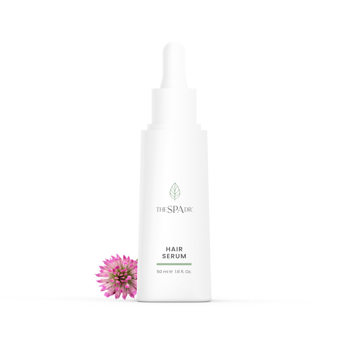 The Spa Dr. Hair Serum bottle being poured for fuller-looking hair and hydration.