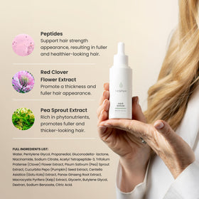 The Spa Dr. Hair Serum label front view emphasizing red clover and pea sprout extracts.