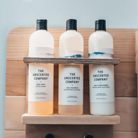 The Unscented Company Body Soap on sink demonstrates fragrance-free cleansing for sensitive skin