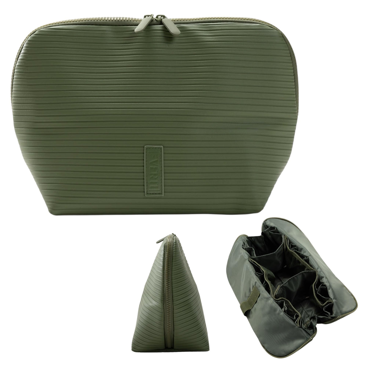 THE VERTI olive medium vertical bag with brush holders keeps makeup brushes neatly in reach