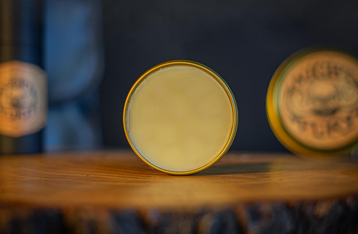 The Vintage Grooming Co beard care routine setup on vanity