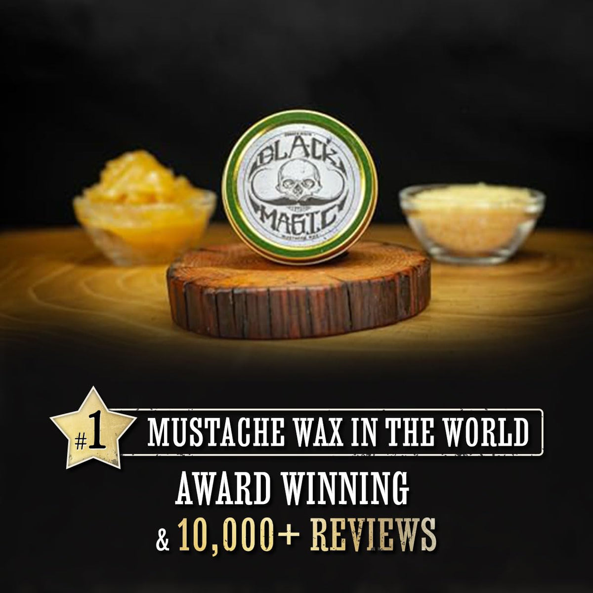 The Vintage Grooming Co. Black Magic Mustache Wax applied by hands for quick styling.