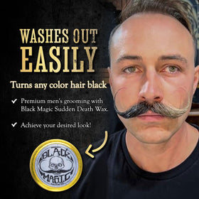 The Vintage Grooming Co. Black Magic Mustache Wax tin provides strong hold for styling.