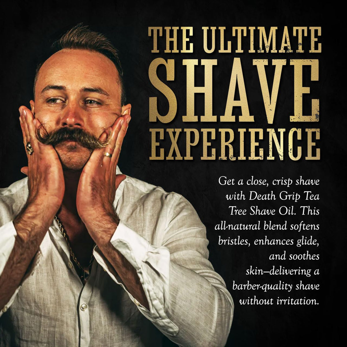 The Death Grip Tea Tree Shave Oil label with rugged styling