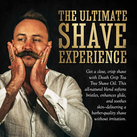 The Death Grip Tea Tree Shave Oil label with rugged styling