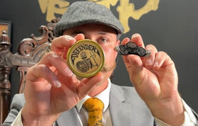 The Vintage Grooming Co Defender mustache balm application shows quick natural shaping.