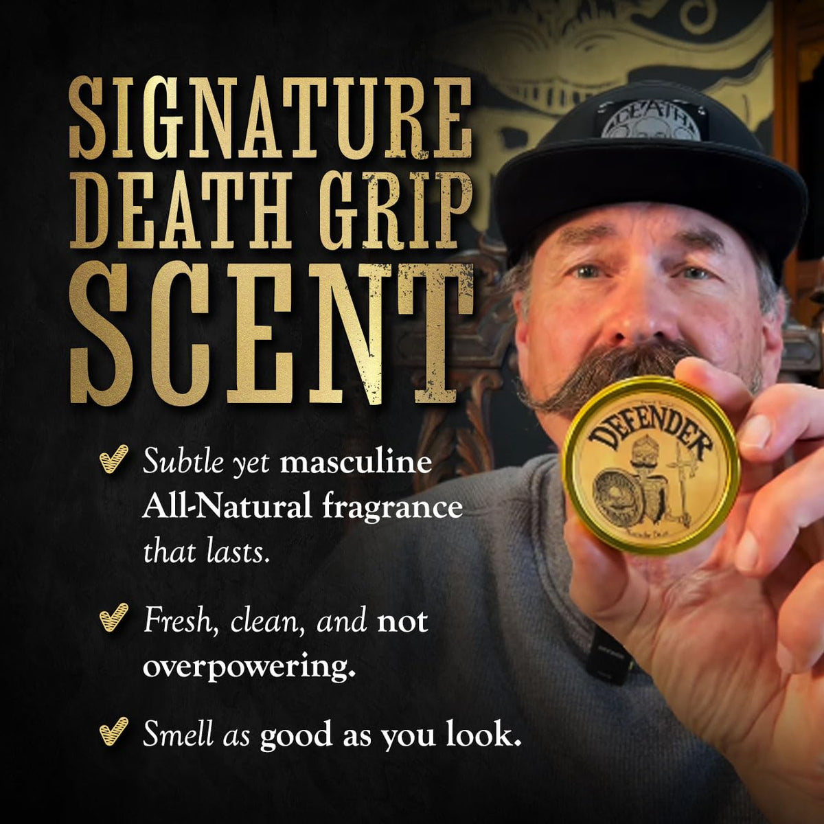 The Vintage Grooming Co Defender mustache balm closeup shows texture for easy application.