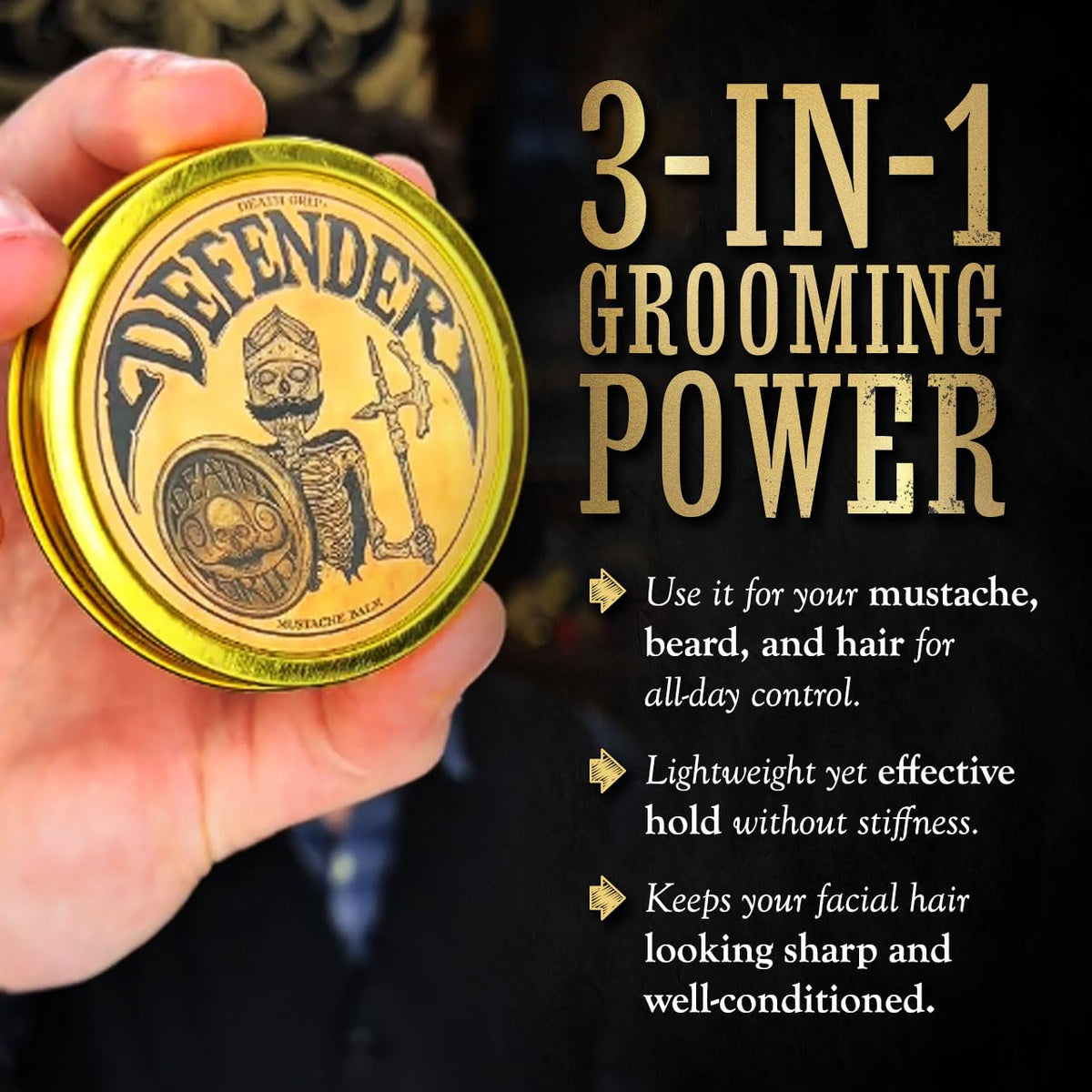 The Vintage Grooming Co Defender mustache guard clip demonstrates secure, spill-free drinking.