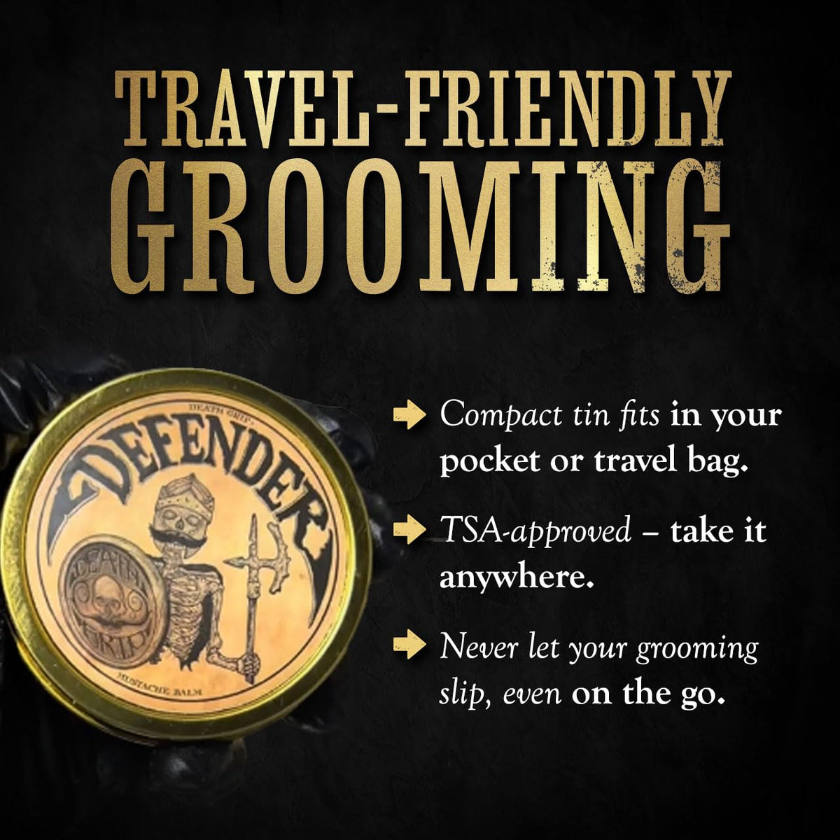 The Vintage Grooming Co Defender mustache balm packaging highlights premium quality and eco-friendly design.