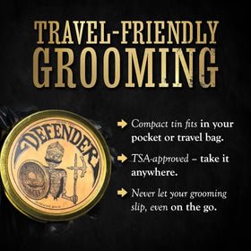 The Vintage Grooming Co Defender mustache balm packaging highlights premium quality and eco-friendly design.