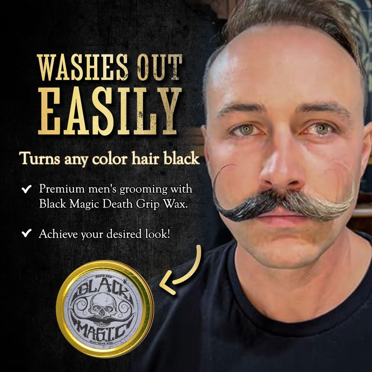 The Vintage Grooming Co. horseshoe moustache with charcoal tint looks defined.