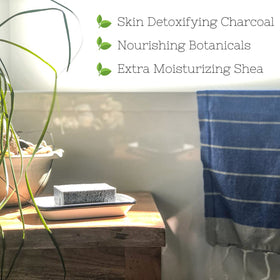 The Yellow Bird charcoal soap ingredients highlight activated charcoal and shea butter for gentle cleansing.