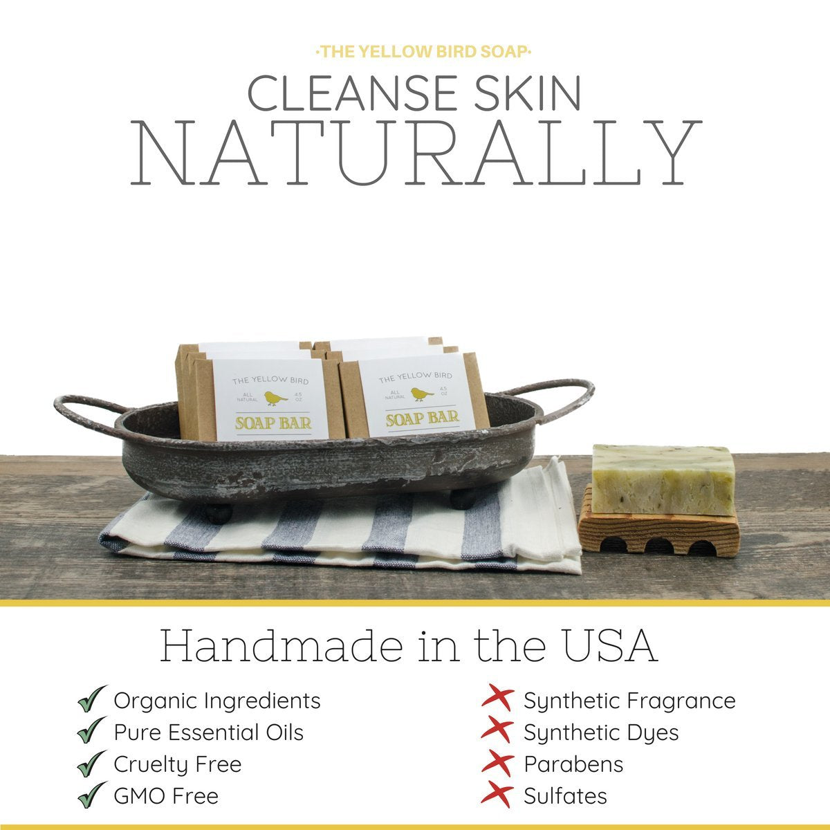 The Yellow Bird soap with lemongrass and lavender offers a soothing daily ritual.