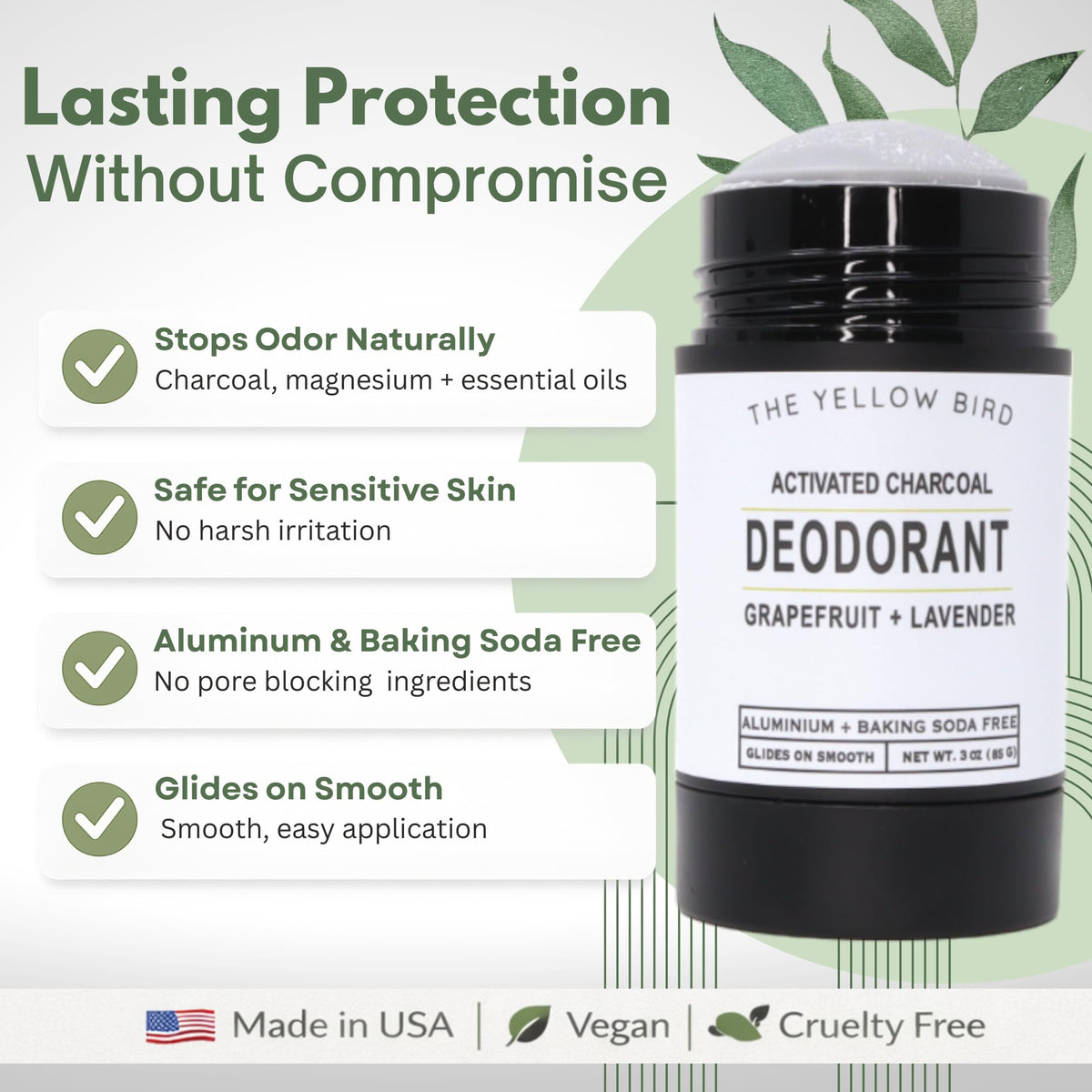 The Yellow Bird glide-on deodorant demonstrates smooth, invisible protection for all-day wear.