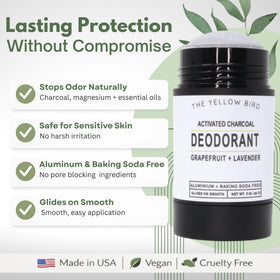 The Yellow Bird glide-on deodorant demonstrates smooth, invisible protection for all-day wear.