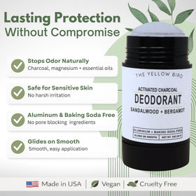 The Yellow Bird deodorant packaging shows a compact 3 oz design.