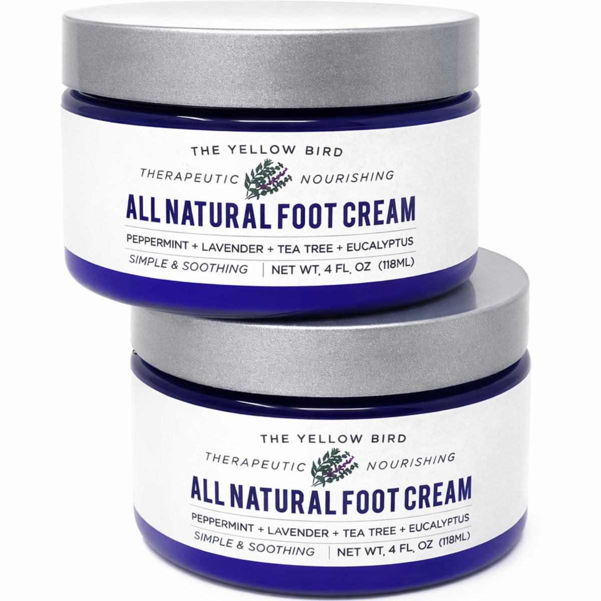 The Yellow Bird Foot Cream bottle close-up showing organic ingredients for deep hydration.