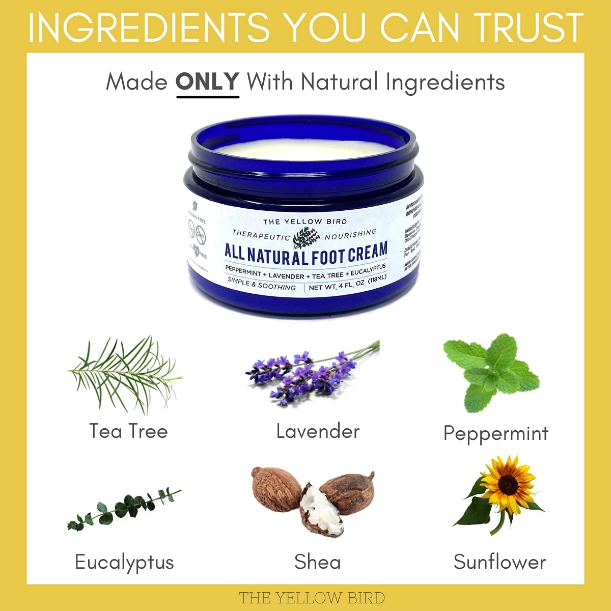 Organic ingredients label on The Yellow Bird Foot Cream highlights tea tree oil benefits.