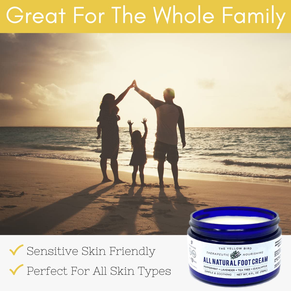 USA-made stamp on The Yellow Bird Foot Cream jar signals small-batch quality.