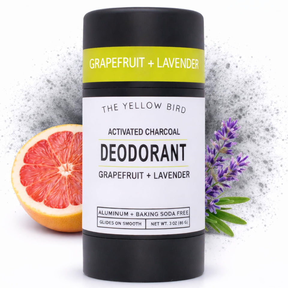 The Yellow Bird magnesium deodorant bottle offers aluminum-free protection for sensitive skin.