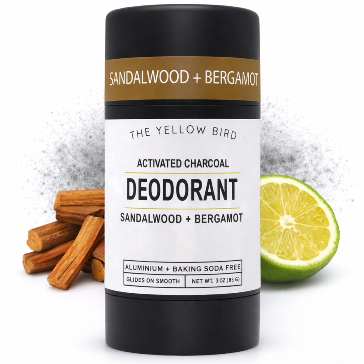 The Yellow Bird sandalwood bergamot deodorant stick for all-day freshness.