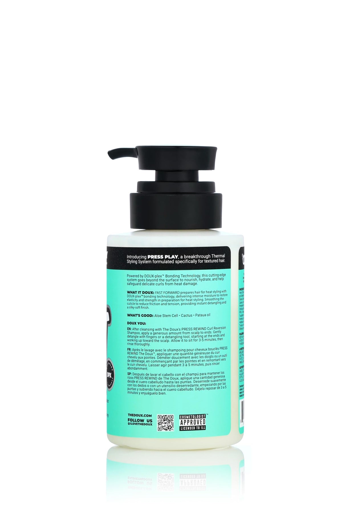 The Doux Fast Forward anti-frizz shine delivers glossy curls in humidity.