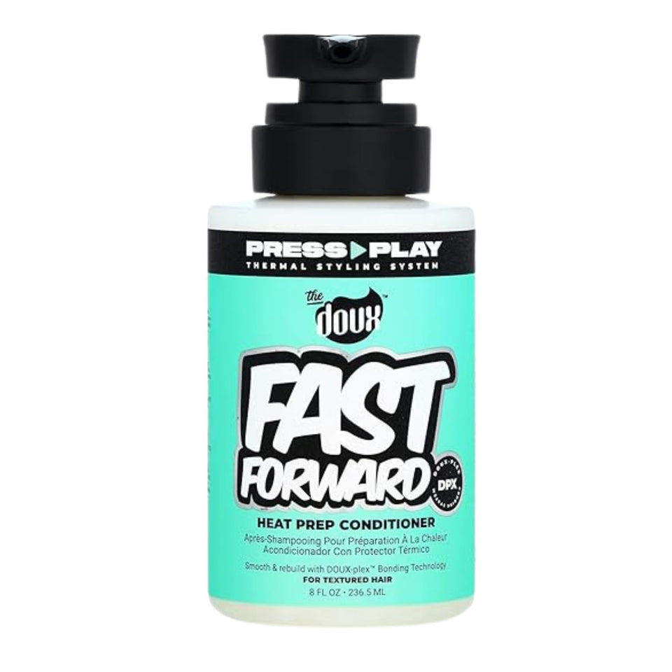 The Doux Fast Forward bottle with spray mechanism for quick styling and heat protection.