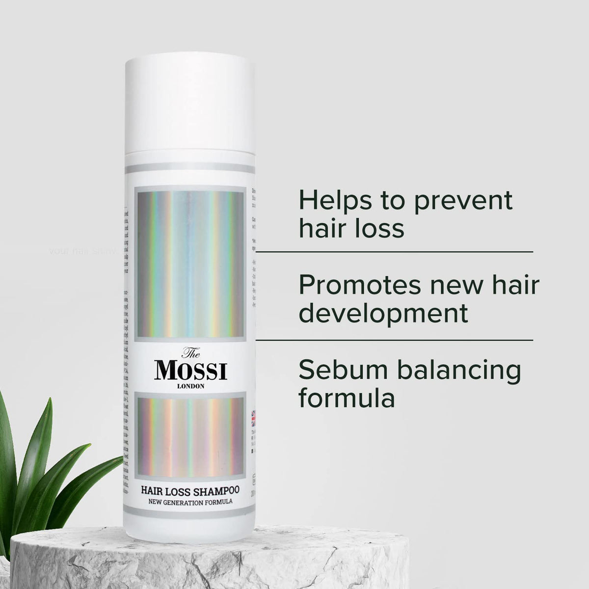 The Mossi London shampoo bottle on a bathroom shelf for daily use.