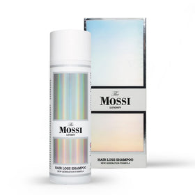The Mossi London hair growth shampoo bottle designed for all hair types.