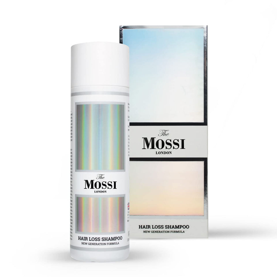 The Mossi London hair growth shampoo bottle designed for all hair types.
