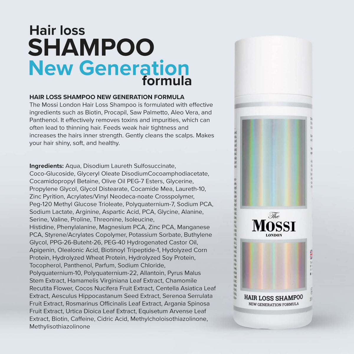 The Mossi London shampoo label highlighting key ingredients Biotin Procapil Saw Palmetto Panthenol.